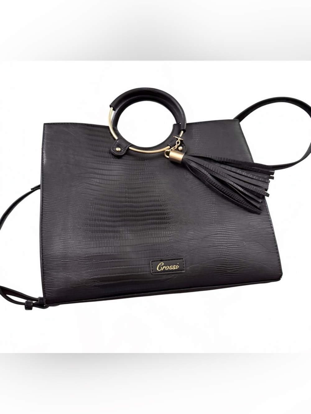 Grossi Black Faux Croc Textured Satchel Bag O-Ring Top Handle with Tassel NWOT